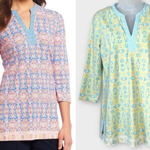 J. MCLAUGHLIN Catalina Cloth Boca Tunic Top Yellow/Blue Geo Print Size Large